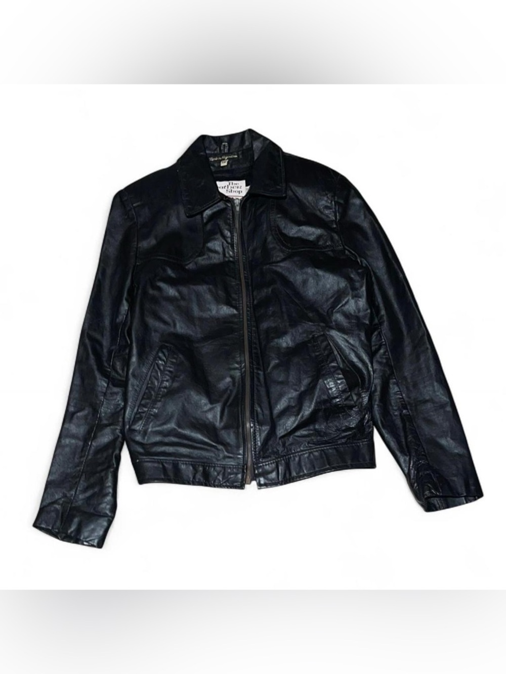 Vintage 1970s Sears Leather Shop Black Motorcycle Bomber Jacket Coat 38 TALL